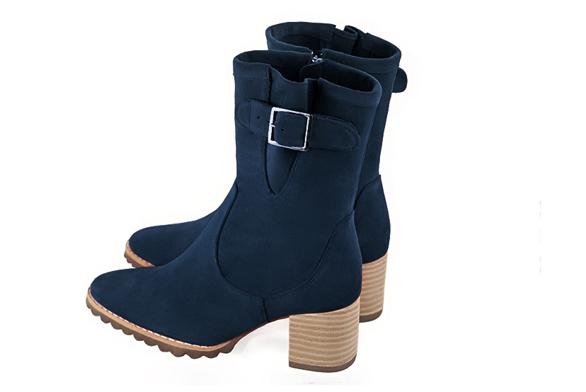 Navy blue women's ankle boots with buckles on the sides. Round toe. Medium block heels. Rear view - Florence KOOIJMAN